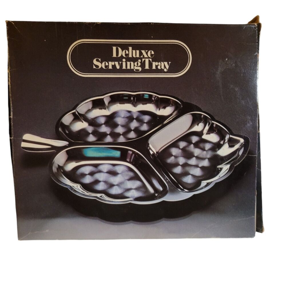 1960s Chrome Metal Leaf Shaped Divided Relish Dish Tray Boxed Party Glossy